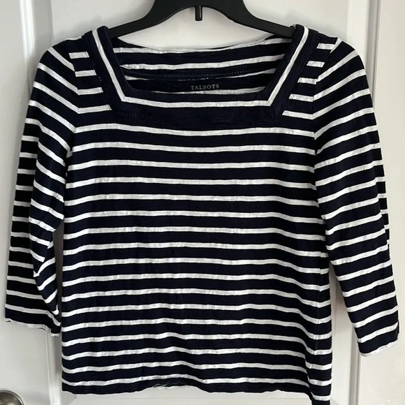 TALBOTS Square Neck 3/4 Length Sleeve Navy & White Striped Shirt size Small - Picture 2 of 6